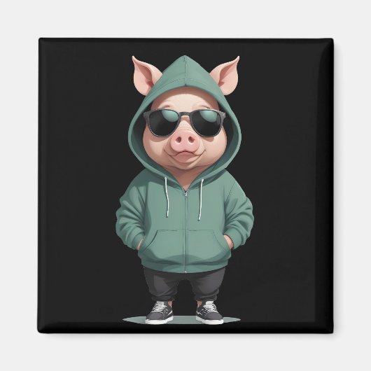 ピグ着用フード付きスウェットシャツおもしろいクール動物キャラクター マグネット (正面)