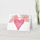 ピグ飛んでいるカップルと赤いハートバレンタイン シーズンカード (裏面)