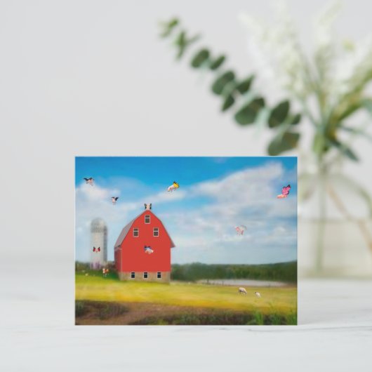 ピグ飛んでいるファームはがき ポストカード (スタンド正面)