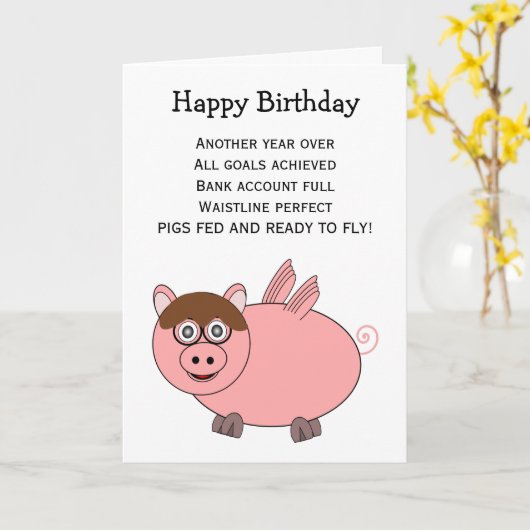 ピグ飛んでいるユーモアのある誕生日カード カード (黄色い花)