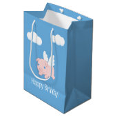 ピグ飛んでいる誕生日ブルー ミディアムペーパーバッグ (正面アングル)