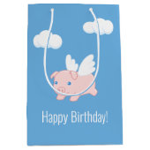 ピグ飛んでいる誕生日ブルー ミディアムペーパーバッグ (正面)