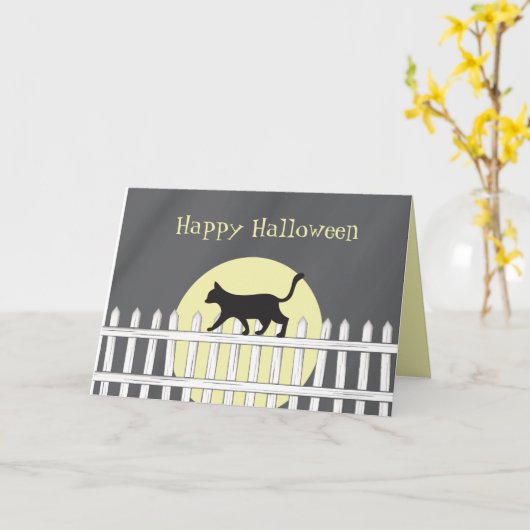 ピケットフェンスに乗った怖い黒猫 カード (黄色い花)