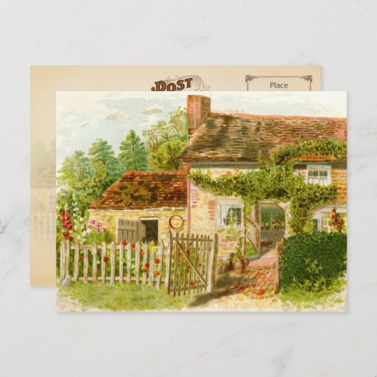 ピケ魅力的ットフェンス付き煙突コテージ ポストカード (正面/裏面)