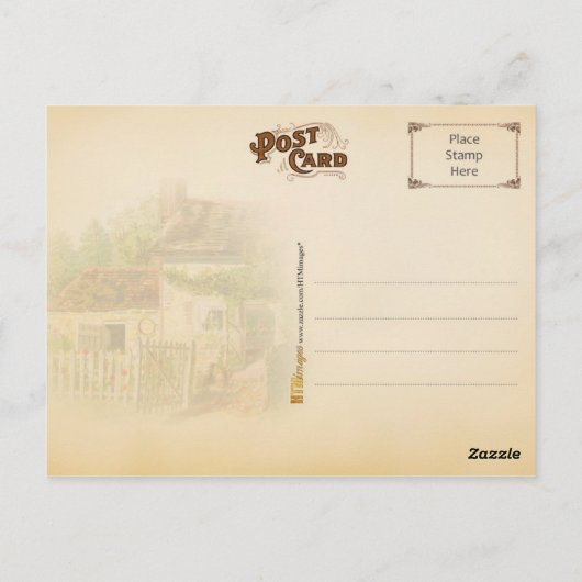 ピケ魅力的ットフェンス付き煙突コテージ ポストカード (裏面)