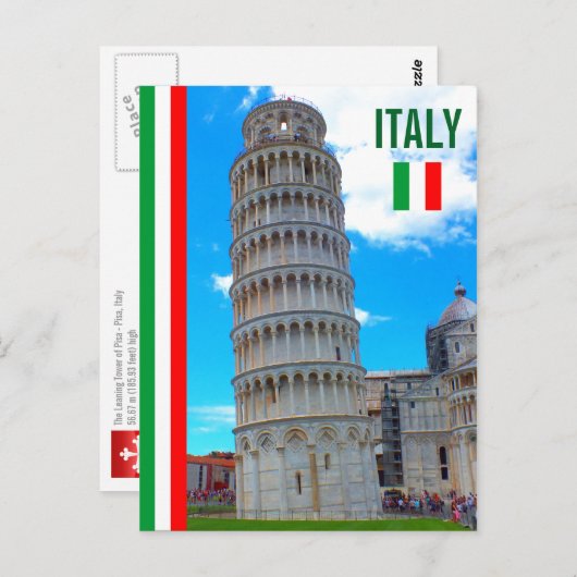 ピサの斜塔と旗イタリアン。 ポストカード (正面/裏面)