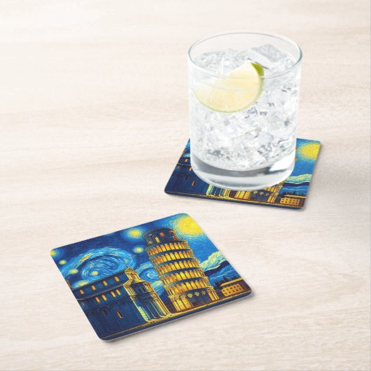 ピサイタリアの星空の夜の傾いた塔 スクエアペーパーコースター (インサイチュ)