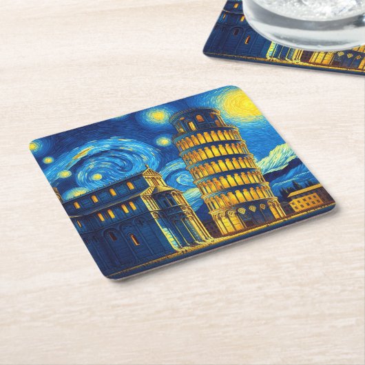 ピサイタリアの星空の夜の傾いた塔 スクエアペーパーコースター (アングル)