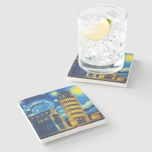 ピサイタリアの星空の夜の傾いた塔 ストーンコースター (横)