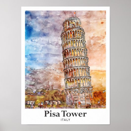 ピサタワーイタリア旅行水彩手描き ポスター (正面)