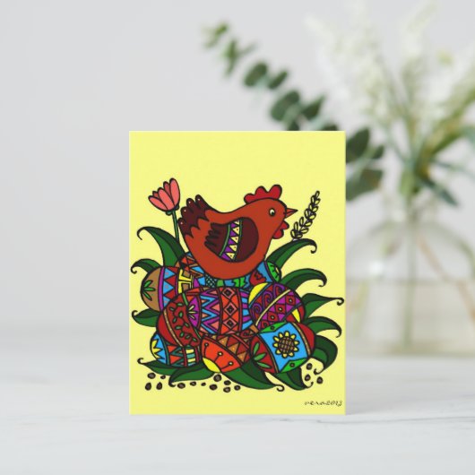 ピサンキと鶏のウクライナ民俗芸術 ポストカード (スタンド正面)