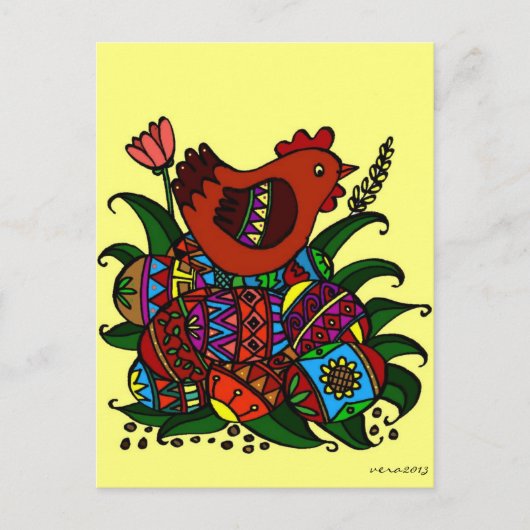 ピサンキと鶏のウクライナ民俗芸術 ポストカード (正面)