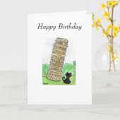 ピサ誕生日カードの黒猫傾きタワー カード (黄色い花)