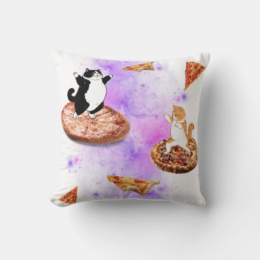 ピザおもしろいに乗った猫宇宙 クッション (正面)