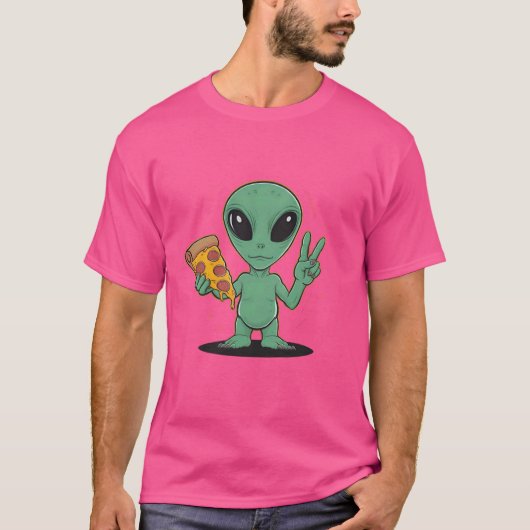 ピザおもしろいUFOエイリアン食べのピザエクスタホバ Tシャツ (正面)