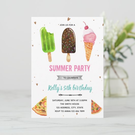 ピザとアイスクリームの誕生日招待状 招待状 (スタンド正面)