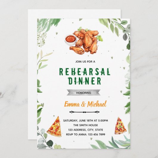 ピザとウィングスのリハーサルディナー招待状 招待状 (正面/裏面)