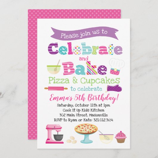 ピザとカップケーキのベーキングパーティー 招待状 (正面/裏面)