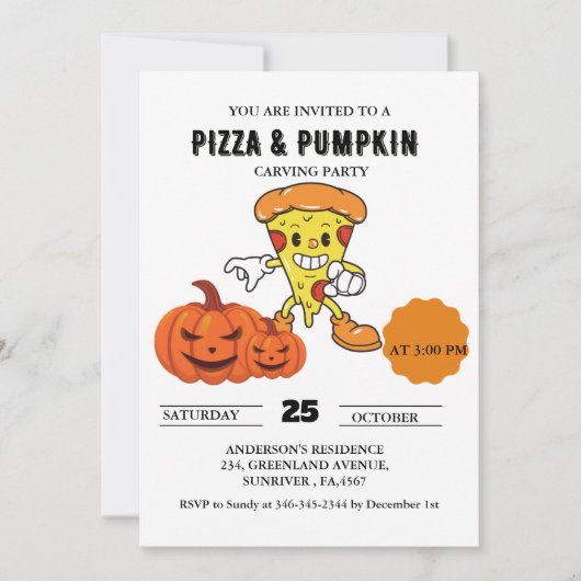 ピザとカボチャの彫刻ハローウィンパーティ 招待状 (正面)