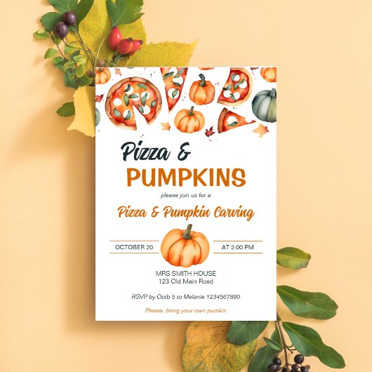 ピザとカボチャ彫刻パーティーテンプレート 招待状