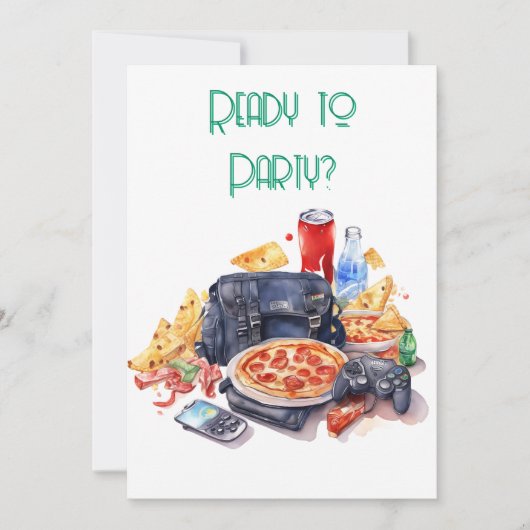 ピザとゲーム少年の誕生日パーティー 招待状 (正面)