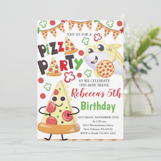 ピザとサメ誕生日招待状、おもしろいスライス 招待状 (スタンド正面)
