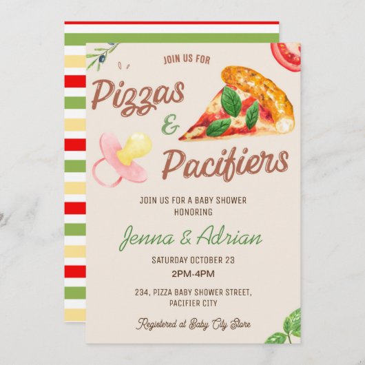 ピザとパシファイヤーガール共同ベビーシャワー 招待状 (正面/裏面)
