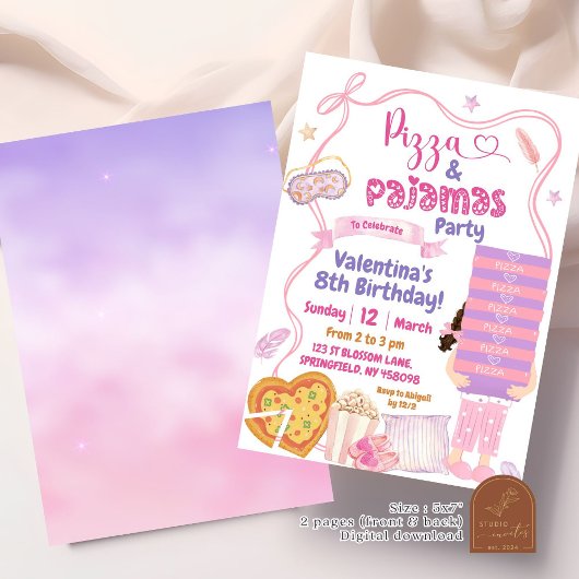 ピザとパジャマの誕生日パーティーのピンクの弓スライス 招待状