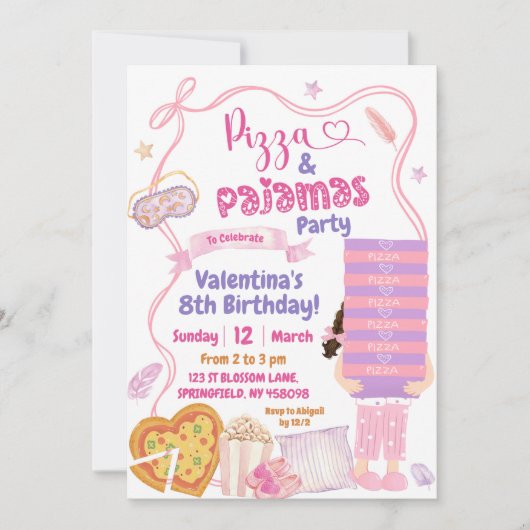ピザとパジャマの誕生日パーティーのピンクの弓スライス 招待状 (正面)