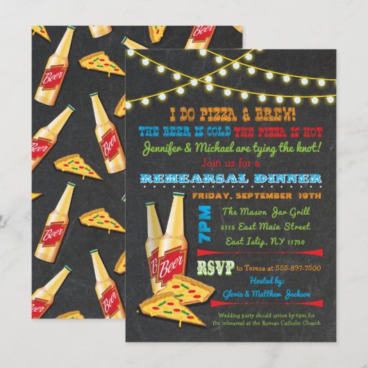 ピザとビールのリハーサルディナー招待状 招待状 (正面/裏面)