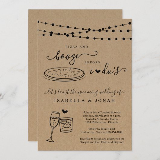 ピザとブーズウィドドドスカップルのウェディングシャワー 招待状 (正面/裏面)