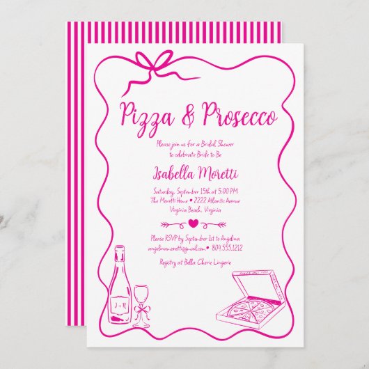 ピザとプロセッコのブライダルシャワーの招待 招待状 (正面/裏面)