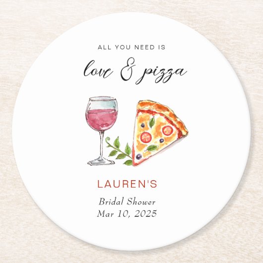 ピザとラブブライダルシャワー ラウンドペーパーコースター (正面)