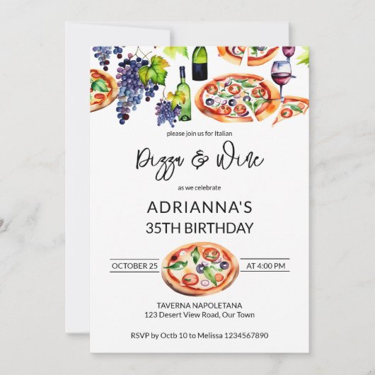 ピザとワインの誕生日パーティーテンプレート 招待状 (正面)