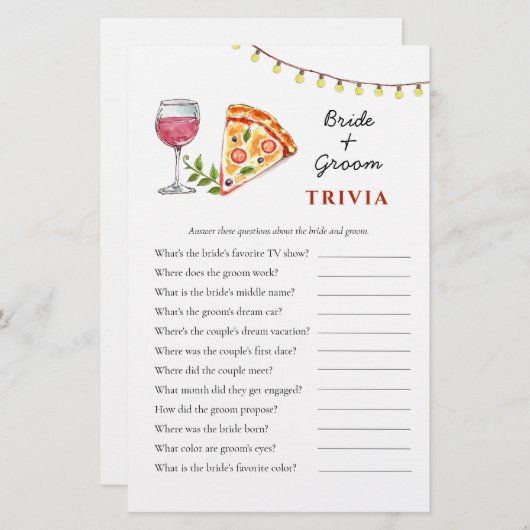 ピザとワインブライダルシャワートリビアゲーム (正面/裏面)