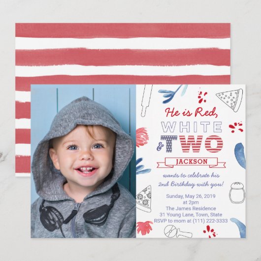 ピザと赤と白の2歳の誕生日パーティー 招待状 (正面/裏面)
