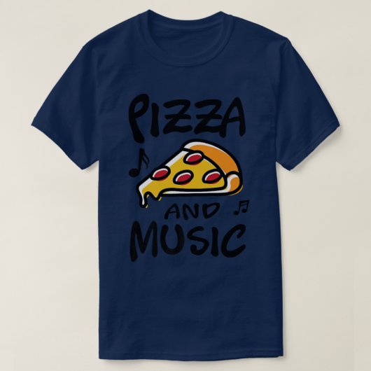 ピザと音楽ピアノのミュージシャン音楽ノート Tシャツ (デザイン正面)