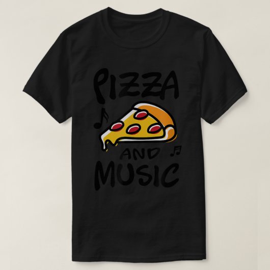 ピザと音楽ピアノのミュージシャン音楽ノート Tシャツ (デザイン正面)
