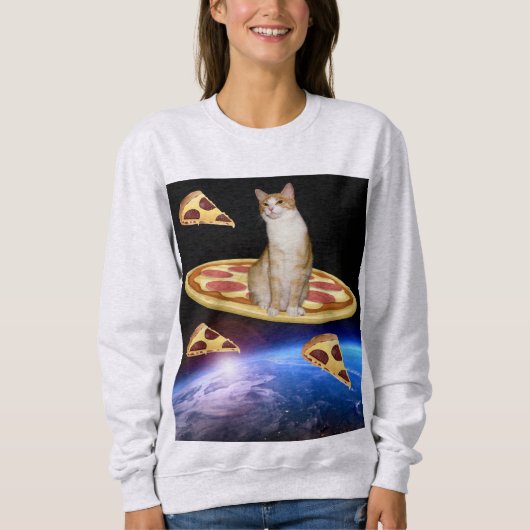 ピザに宇宙Tシャツを着おもしろいた猫 スウェットシャツ (正面)