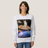 ピザに宇宙Tシャツを着おもしろいた猫 スウェットシャツ (正面フル)