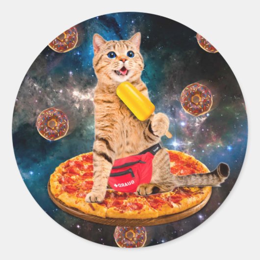 ピザのアイス食べ物に猫が乗る ラウンドシール (正面)