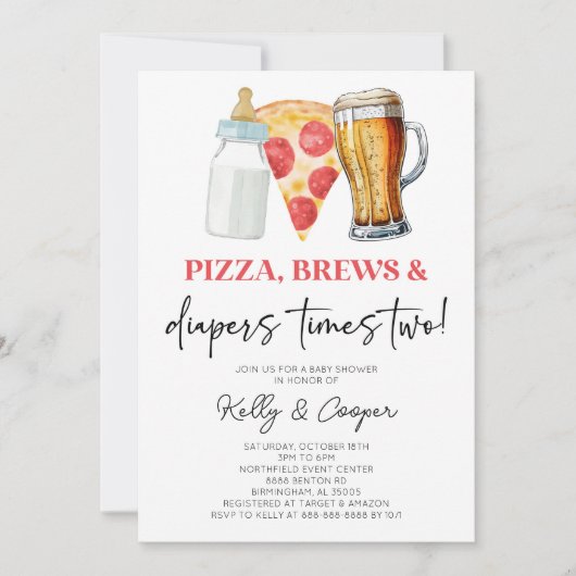ピザのパンとオムツに2つの双子の赤ちゃんシャワー 招待状 (正面)
