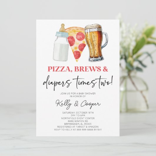 ピザのパンとオムツに2つの双子の赤ちゃんシャワー 招待状 (スタンド正面)