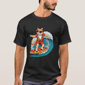 ピザの上でサーフィンする猫 ピザ好きな猫好きのためのグッズ Tシャツ