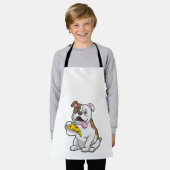 ピザの切れ端を持つブルドッグ エプロン (着用した状態)