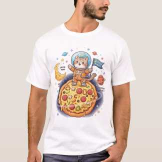 ピザの惑星に立つかわいい宇宙飛行士の猫 Tシャツ