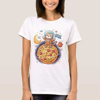 ピザの惑星に立つかわいい宇宙飛行士の猫 Tシャツ