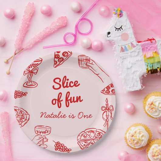 ピザの最初の手描きスライスおもしろい誕生日パーティー ペーパープレート (パーティー)