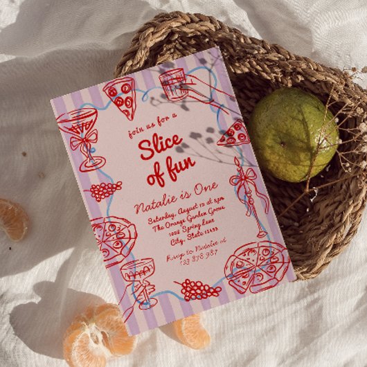 ピザの最初の手描きスライスおもしろい誕生日パーティー 招待状