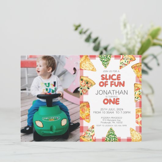 ピザの最初の誕生日パーティーの写真 招待状 (スタンド正面)